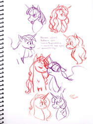 Size: 1280x1701 | Tagged: safe, artist:eeviart, sunset shimmer, twilight sparkle, alicorn, pony, unicorn, g4, blushing, boop, comic, confession, cute, female, horn, horns are touching, lesbian, looking at each other, noseboop, pencil drawing, shimmerbetes, ship:sunsetsparkle, shipping, traditional art, twiabetes, twilight sparkle (alicorn)