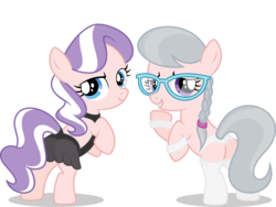 Size: 4000x3000 | Tagged: safe, artist:leopurofriki, edit, editor:slayerbvc, vector edit, diamond tiara, silver spoon, earth pony, pony, g4, butt, clothes, female, filly, furless, furless edit, glasses, lingerie, missing accessory, panties, plot, see-through, shaved, simple background, socks, transparent background, underwear, vector, white underwear