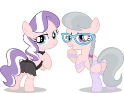 Size: 4000x3000 | Tagged: safe, artist:leopurofriki, edit, editor:slayerbvc, vector edit, diamond tiara, silver spoon, earth pony, pony, g4, butt, clothes, female, filly, furless, furless edit, glasses, lingerie, missing accessory, panties, plot, purple underwear, see-through, shaved, simple background, socks, transparent background, underwear, vector