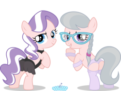 Size: 4000x3000 | Tagged: safe, artist:leopurofriki, edit, editor:slayerbvc, vector edit, diamond tiara, silver spoon, earth pony, pony, g4, butt, clothes, female, filly, furless, furless edit, jewelry, lingerie, necklace, panties, plot, purple underwear, see-through, shaved, simple background, socks, tiara, transparent background, underwear, vector