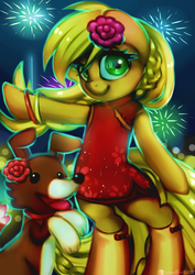 Size: 2893x4092 | Tagged: safe, artist:monochromacat, applejack, winona, earth pony, pony, g4, bipedal, cheongsam, chinese new year, clothes, cute, female, fireworks, jackabetes, looking at you, mare, night, smiling