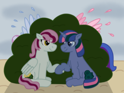 Size: 2048x1536 | Tagged: safe, artist:kindheart525, oc, oc only, oc:galaxy guard, oc:holly-hay carol, oc:parasite, oc:turquoise edge, pegasus, pony, unicorn, kindverse, holding hooves, looking at each other, magical lesbian spawn, oc x oc, offspring, offspring shipping, parent:limestone pie, parent:oc:firefly, parent:oc:galaxy guard, parent:oc:pristine melody, parent:oc:turquoise edge, parent:zephyr breeze, parents:oc x oc, parents:zephyrstone, shipping