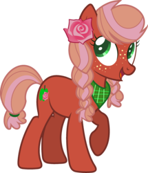 Size: 1929x2240 | Tagged: safe, artist:gallantserver, oc, oc only, oc:tickled pink, earth pony, pony, base used, braid, female, flower, flower in hair, freckles, mare, neckerchief, offspring, parent:big macintosh, parent:fluttershy, parents:fluttermac, raised hoof, rose, simple background, solo, transparent background