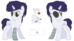 Size: 2380x1320 | Tagged: safe, artist:venomns, oc, oc only, oc:mythic, pony, unicorn, amputee, eyepatch, male, prosthetic limb, prosthetics, reference sheet, scar, simple background, solo, transparent background