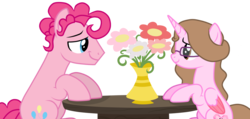 Size: 1024x487 | Tagged: safe, artist:cindystarlight, pinkie pie, oc, oc:cindy, alicorn, pony, g4, bubble berry, canon x oc, female, flower, glasses, looking at each other, male, mare, rule 63, shipping, simple background, stallion, straight, transparent background