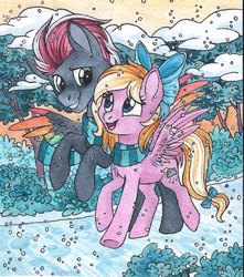 Size: 733x829 | Tagged: safe, artist:red-watercolor, oc, oc only, oc:bay breeze, oc:max, pegasus, pony, bahx, clothes, couple, female, male, scarf, shipping, snow, straight, traditional art, watercolor painting