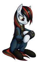 Size: 3144x4896 | Tagged: safe, artist:koshakevich, oc, oc only, oc:blackjack, pony, unicorn, fallout equestria, fallout equestria: project horizons, clothes, female, mare, pipbuck, simple background, sitting, solo, transparent background
