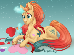 Size: 4000x3000 | Tagged: safe, artist:askbubblelee, oc, oc only, oc:sheron, pony, unicorn, female, gift art, glowing horn, heart, holiday, horn, magic, mare, prone, scissors, sticker, underhoof, valentine's day