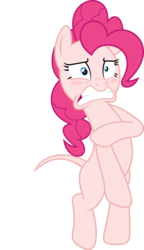 Size: 2052x3573 | Tagged: safe, artist:porygon2z, edit, editor:slayerbvc, vector edit, pinkie pie, earth pony, pony, g4, make new friends but keep discord, bald, bipedal, blushing, covering, covering crotch, embarrassed, female, furless, furless edit, high res, mare, naked pie, naked rarity, nude edit, nudity, shaved, shaved tail, simple background, solo, transparent background, vector