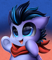 Size: 1722x2003 | Tagged: safe, artist:pridark, oc, oc only, oc:storm chaser, pegasus, pony, bandana, blue eyes, bust, colt, commission, cute, frog (hoof), male, ocbetes, open mouth, portrait, pridark is trying to murder us, solo, underhoof, young