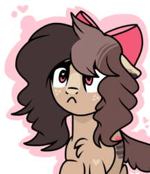 Size: 668x772 | Tagged: safe, artist:chococakebabe, oc, oc only, oc:choco cake delight, earth pony, pony, :c, augmented tail, bow, female, floppy ears, frown, hair bow, mare, simple background, solo, transparent background