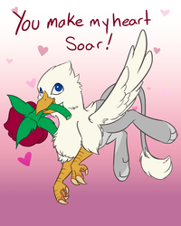 Size: 1280x1600 | Tagged: safe, artist:scruffasus, oc, oc only, oc:der, griffon, cute, flower, flower in mouth, flying, gradient background, heart, hearts and hooves day, holiday, male, micro, mouth hold, rose, rose in mouth, solo, valentine's day, wings
