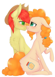 Size: 1652x2294 | Tagged: safe, artist:ohhoneybee, bright mac, pear butter, earth pony, pony, g4, chest fluff, female, male, nuzzling, ship:brightbutter, shipping, simple background, sitting, straight, transparent background