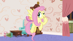 Size: 1280x720 | Tagged: safe, screencap, fluttershy, pony, discordant harmony, g4, chair, clock, female, flying, mare, plant, solo