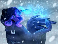 Size: 2000x1500 | Tagged: safe, artist:kary-draws, princess luna, spirit of hearth's warming yet to come, alicorn, pony, g4, cloak, clothes, dancing, female, glowing horn, hood, horn, magic, moon, raised hoof, snow, solo, wings
