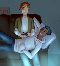 Size: 1200x1312 | Tagged: safe, artist:emberfan11, button mash, rumble, human, g4, buttonbetes, clothes, commission, controller, couch, cute, dark skin, duo, eyes closed, gay, hoodie, humanized, jeans, male, older, pants, playstation 4, rumblebetes, ship:rumblemash, shipping
