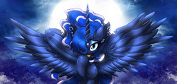 Size: 3980x1900 | Tagged: safe, artist:joakaha, princess luna, alicorn, pony, g4, behaving like a cat, ear piercing, female, horn, looking at you, mare, mlem, moon, night, piercing, preening, silly, sky, solo, spread wings, tongue out, wings