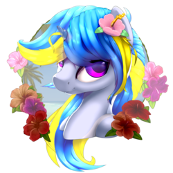 Size: 1000x1000 | Tagged: safe, artist:rayhiros, oc, oc only, oc:wave shine, pony, unicorn, beach, blue, bust, female, flower, flower in hair, hibiscus, magenta, mare, portrait, simple background, solo, transparent background, yellow