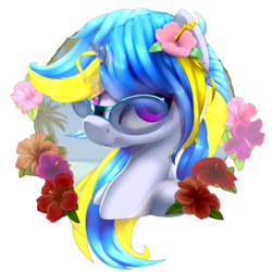 Size: 1000x1000 | Tagged: safe, alternate version, artist:rayhiros, oc, oc only, oc:wave shine, pony, unicorn, beach, blue, bust, female, flower, flower in hair, hibiscus, magenta, mare, portrait, simple background, solo, sunglasses, transparent background, yellow