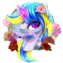 Size: 1000x1000 | Tagged: safe, alternate version, artist:rayhiros, oc, oc only, oc:wave shine, pony, unicorn, beach, blue, bust, female, flower, flower in hair, glowing horn, hibiscus, horn, magenta, magic, mare, mouth hold, portrait, simple background, solo, sunglasses, transparent background, yellow