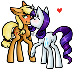 Size: 688x640 | Tagged: safe, artist:animeangel120, applejack, rarity, g4, blushing, embarrassed, eyes closed, female, heart, kissing, lesbian, pictogram, raised hoof, ship:rarijack, shipping, simple background, transparent background