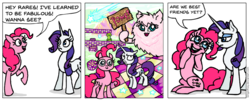 Size: 936x377 | Tagged: safe, artist:gingerfoxy, pinkie pie, rarity, oc, oc:fluffle puff, earth pony, pony, unicorn, pony comic generator, g4, comic, female, mare, pomf, simple background, speech bubble, white background