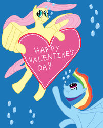 Size: 2202x2736 | Tagged: safe, artist:sb1991, fluttershy, rainbow dash, pony, g4, female, heart, hearts and hooves day, high res, holiday, lesbian, ship:flutterdash, shipping, text, underwater, valentine, valentine's day