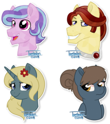 Size: 1093x1239 | Tagged: safe, artist:tambelon, oc, oc only, oc:aegis, oc:carnelian clout, oc:low key, oc:succulent scent, crystal pony, pegasus, pony, unicorn, amulet, female, flower, flower in hair, male, mare, rule 63, simple background, smiling, stallion, transparent background