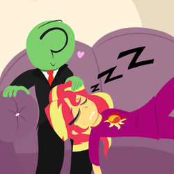 Size: 1000x1000 | Tagged: safe, artist:dragonpone, derpibooru exclusive, sunset shimmer, oc, oc:anon, human, equestria girls, bags under eyes, blushing, canon x oc, clothes, couch, duo, eyes closed, female, floating heart, heart, male, on back, pajamas, shipping, sleeping, smiling, straight, zzz