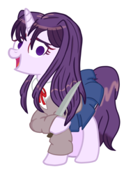 Size: 1278x1797 | Tagged: safe, alternate version, artist:ponytaku, pony, unicorn, spoiler:doki doki literature club, clothes, doki doki literature club, empty eyes, female, hoof hold, imminent death, imminent suicide, knife, looking at you, mare, no pupils, ponified, raised hoof, school uniform, simple background, skirt, solo, spoilers for another series, this will end in death, transparent background, yandere, yuri (ddlc)