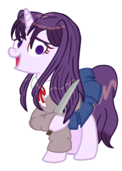 Size: 1278x1797 | Tagged: safe, alternate version, artist:ponytaku, pony, unicorn, clothes, doki doki literature club!, empty eyes, female, hoof hold, imminent death, imminent suicide, knife, looking at you, mare, no pupils, ponified, raised hoof, school uniform, simple background, skirt, solo, spoilers for another series, this will end in death, transparent background, yandere, yuri (ddlc)