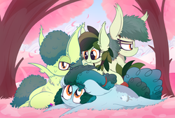 Size: 3062x2072 | Tagged: safe, artist:dragonpone, derpibooru exclusive, oc, oc only, oc:bittergreen, oc:gleamblossom, oc:sweetleaf, oc:thistle sprig, earth pony, pony, butt freckles, chest fluff, ear fluff, family, female, filly, floppy ears, fluffy, freckles, hair over one eye, high res, lidded eyes, looking at each other, looking at you, looking down, looking up, mare, nose wrinkle, petals, prone, shoulder freckles, smiling, tail wrap, tree, unamused