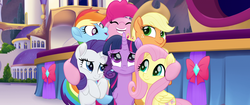 Size: 1920x804 | Tagged: safe, screencap, applejack, fluttershy, pinkie pie, rainbow dash, rarity, twilight sparkle, alicorn, earth pony, pegasus, pony, unicorn, g4, my little pony: the movie, eyes closed, female, group hug, happy, hug, mane six, smiling, twilight sparkle (alicorn), unsure