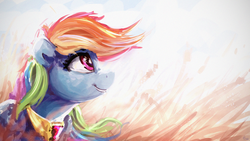 Size: 4000x2250 | Tagged: safe, artist:thefloatingtree, rainbow dash, pegasus, pony, g4, element of loyalty, female, mare, multicolored hair, smiling, solo, windswept mane