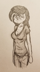 Size: 1928x3427 | Tagged: safe, artist:binary6, oc, oc only, oc:kimoshy, anthro, breasts, clothes, female, girlfriend, jeans, pants, shirt, smiling, smirk, solo, traditional art