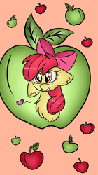 Size: 800x1425 | Tagged: safe, artist:d-airinn, apple bloom, earth pony, pony, g4, apple, bust, cute, ear fluff, female, floppy ears, food, heart, looking at you, smiling, solo