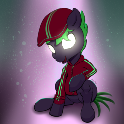 Size: 1764x1764 | Tagged: safe, artist:xbi, oc, oc only, oc:zvukar, pony, album cover, clothes, glowing eyes, gopnik, hat, male, solo, stallion