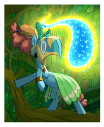 Size: 1555x1900 | Tagged: dead source, safe, artist:amazingbutterfingers, meadowbrook, bee, earth pony, flash bee, insect, pony, a health of information, g4, clothes, female, healer's mask, mare, mask, solo, tree, tree branch