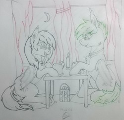 Size: 2221x2160 | Tagged: safe, artist:skipper arias, oc, oc:skipper arias, bat pony, bat pony oc, high res, love, restaurant, sketch, traditional art, white