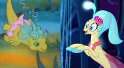 Size: 686x380 | Tagged: safe, screencap, princess skystar, sea shimmer, sea pony, seapony (g4), g1, g4, my little pony: the movie, bioluminescent, blue eyes, blushing, bubble, comparison, coral, cropped, cute, dorsal fin, female, fin, fin wings, fins, fish tail, floppy ears, flower, flower in hair, flowing mane, flowing tail, freckles, glowing, happy, jewelry, necklace, ocean, open mouth, open smile, pearl necklace, seaquestria, seashell, seaweed, skyabetes, smiling, swimming, tail, underwater, water, wings