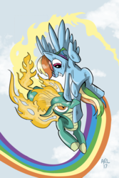 Size: 1024x1536 | Tagged: safe, artist:lytlethelemur, rainbow dash, tianhuo (tfh), longma, pegasus, pony, them's fightin' herds, g4, armpits, community related, crossover, duo, fiery wings, fight, flying, mane of fire, rainbow trail