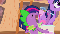 Size: 1280x720 | Tagged: safe, screencap, spike, twilight sparkle, g4, it's about time, my little pony: friendship is magic, duo, eating, food, golden oaks library, ice cream, spoon