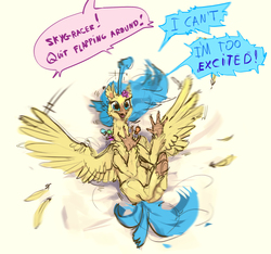 Size: 2848x2664 | Tagged: safe, artist:alumx, princess skystar, classical hippogriff, hippogriff, g4, my little pony: the movie, dialogue, excited, feather, female, flapping, high res, offscreen character, on back, open mouth, simple background, smiling, solo, speech bubble, spread wings, trembling, underhoof, unshorn fetlocks, wat, white background, wings, wrong name