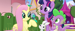 Size: 1920x804 | Tagged: safe, screencap, angel bunny, fluttershy, spike, twilight sparkle, alicorn, bird, dragon, pegasus, pony, rabbit, songbird, g4, my little pony: the movie, quill, smiling, twilight sparkle (alicorn), we got this together