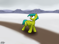 Size: 2505x1890 | Tagged: safe, artist:the-furry-railfan, oc, oc only, oc:radicchio, pegasus, pony, dirt road, female, mountain, mountain range, overcast, panic, snow, solo, story included, this will end in balloons