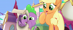 Size: 1920x804 | Tagged: safe, screencap, applejack, spike, dragon, earth pony, pony, g4, my little pony: the movie, burning, concerned, duo, paper, quill, raised hoof, surprised, we got this together