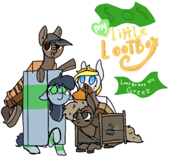 Size: 750x710 | Tagged: safe, artist:nootaz, edit, oc, oc only, oc:crately, oc:frontier, oc:looty, oc:metal lock, object pony, original species, logo, logo edit, loot box, my little x, ponified, pure unfiltered evil, simple background, this will end in bankruptcy, transparent background