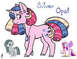 Size: 1048x811 | Tagged: safe, artist:fusionsofponies, artist:milchik, marble pie, princess cadance, oc, oc:silver opal, pony, unicorn, g4, black outlines, blush lines, blushing, colored hooves, ear piercing, earring, female, fusion, fusion:marble pie, fusion:princess cadance, jewelry, lacrimal caruncle, mare, necklace, piercing, shiny hooves, signature, simple background, smiling, white background