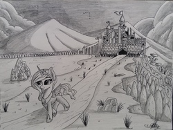 Size: 4128x3096 | Tagged: safe, artist:ironbeastz, princess luna, alicorn, pony, g4, castle, female, filly, grayscale, high res, mare, monochrome, pencil drawing, solo, traditional art, woona, younger