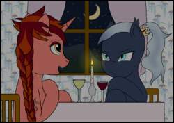 Size: 1754x1240 | Tagged: safe, artist:fimbulvinter, oc, oc only, oc:first drop, oc:ruby quartz, bat pony, alcohol, armlet, braid, candle, crescent moon, duo, ear piercing, earring, holiday, jewelry, moon, necklace, night, piercing, ponytail, valentine's day, wine
